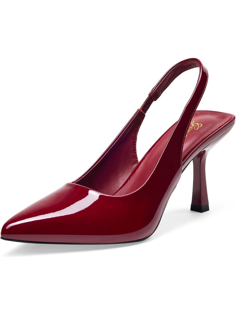 Women's Wine Red Slingback Kitten Heel Pointed Toe Stiletto Pumps Slip On Shoes